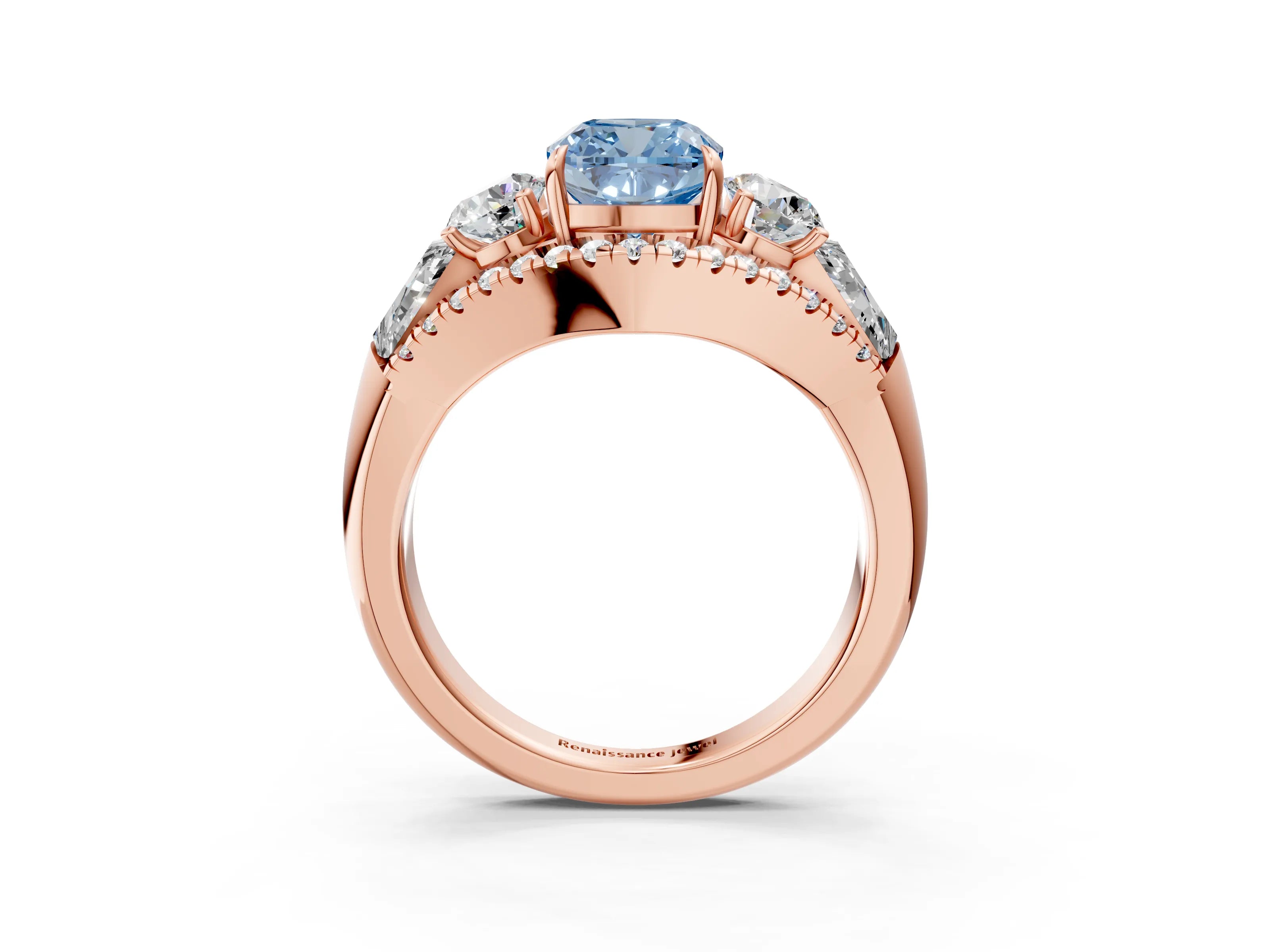 Rose gold Three-Stone Fancy Blue Cushion Cut Diamond Engagement Ring with Pave Band and Prong Setting_15