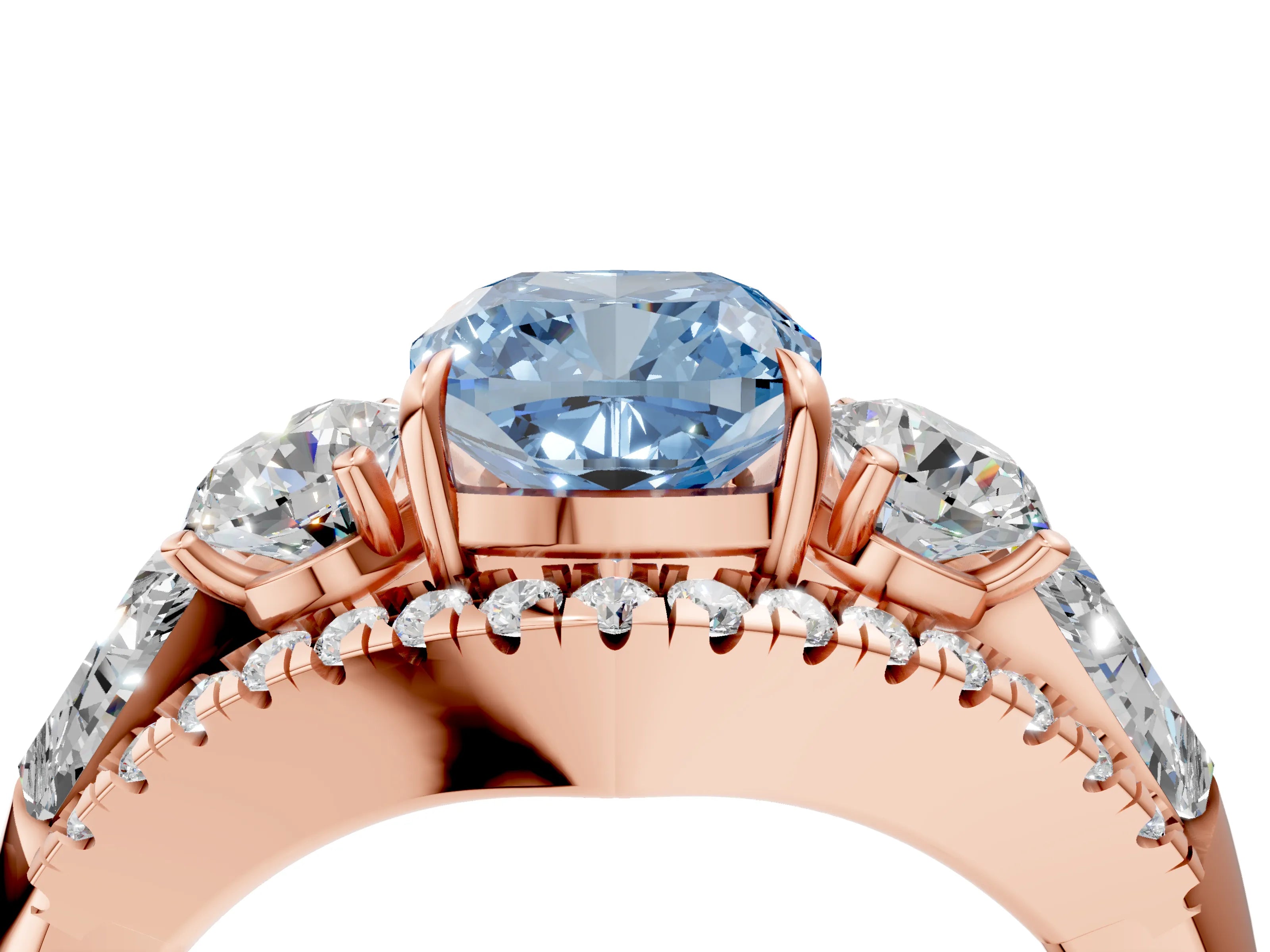 Rose gold Three-Stone Fancy Blue Cushion Cut Diamond Engagement Ring with Pave Band and Prong Setting_16