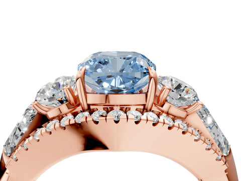 Rose gold Three-Stone Fancy Blue Cushion Cut Diamond Engagement Ring with Pave Band and Prong Setting_16