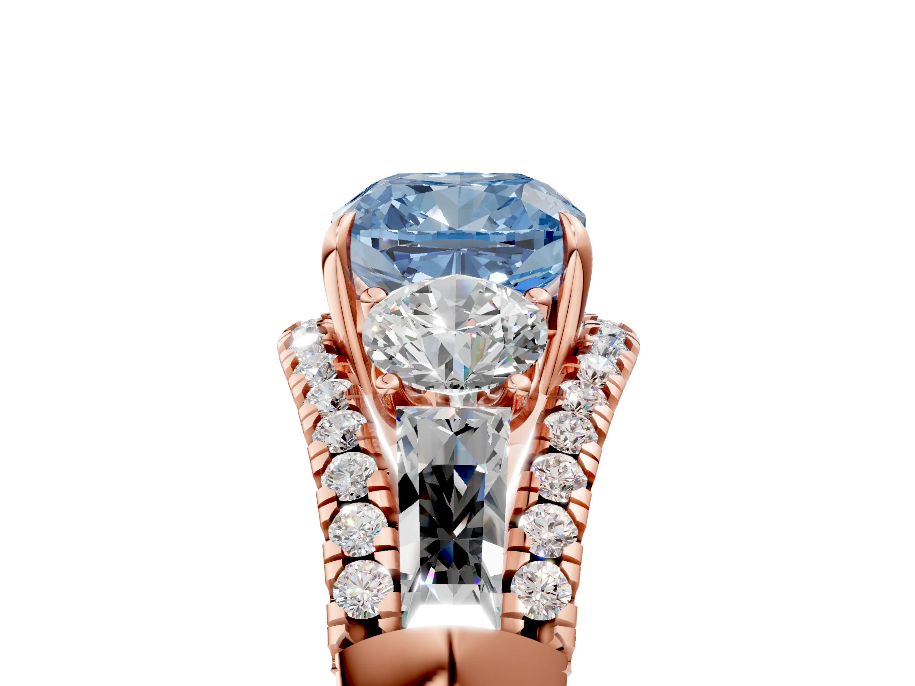 Rose gold Three-Stone Fancy Blue Cushion Cut Diamond Engagement Ring with Pave Band and Prong Setting_17