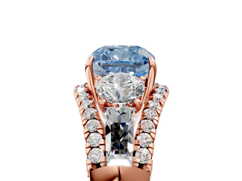 Rose gold Three-Stone Fancy Blue Cushion Cut Diamond Engagement Ring with Pave Band and Prong Setting_17