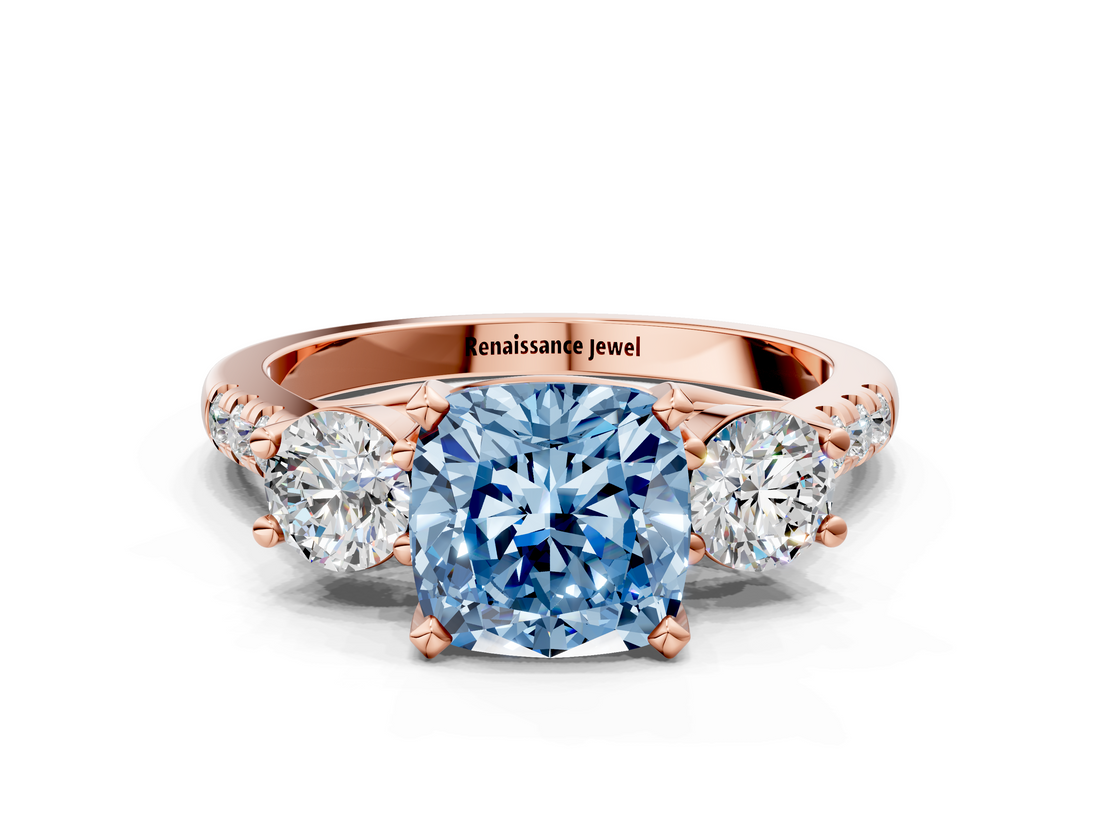 Rose gold Three-Stone Fancy Blue Cushion  Cut Diamond Pavé Band with Four-Prong Setting_28