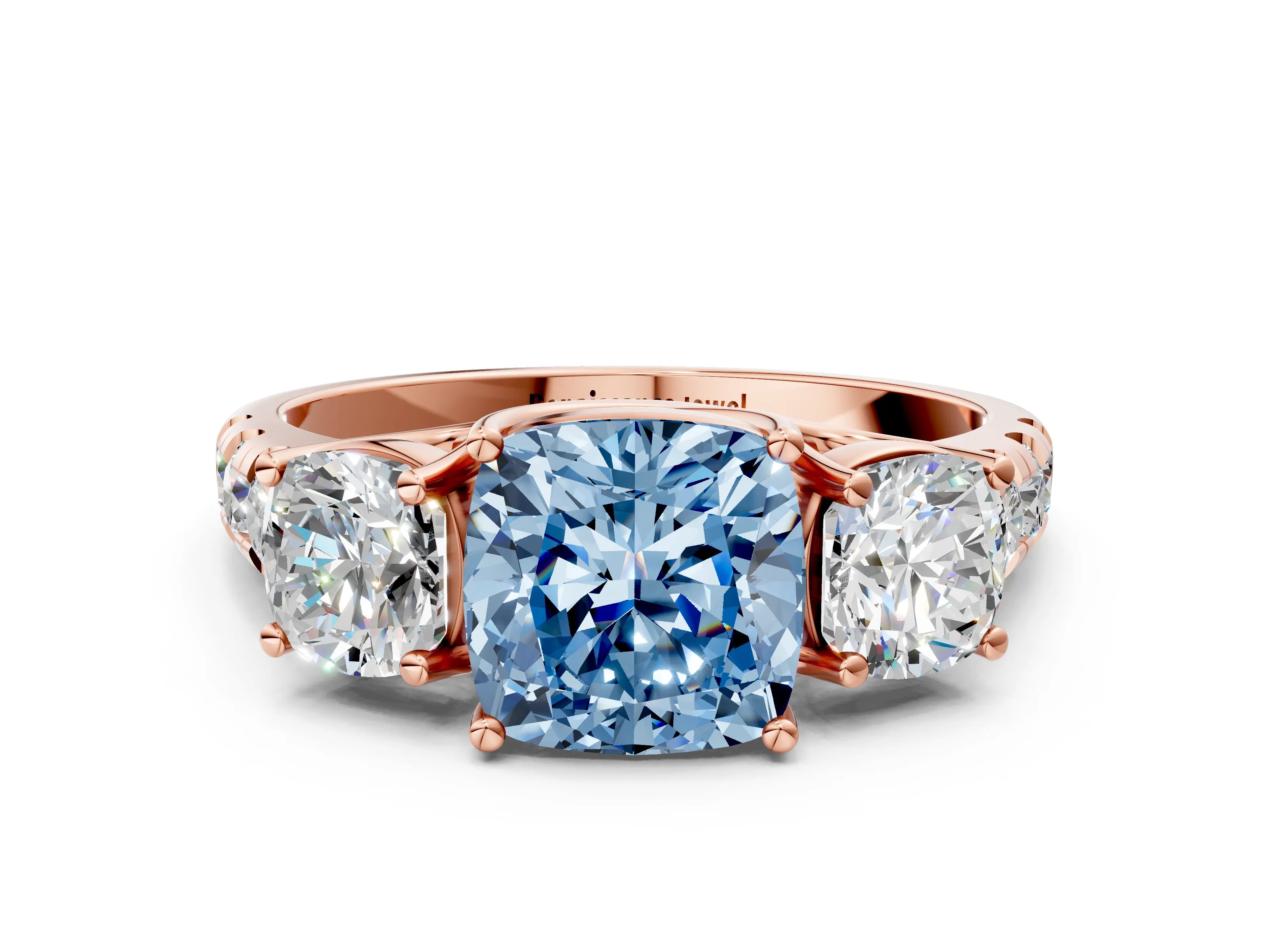 Rose gold Three-Stone Fancy Blue Cushion Cut Diamond Pavé Band with Prong Setting