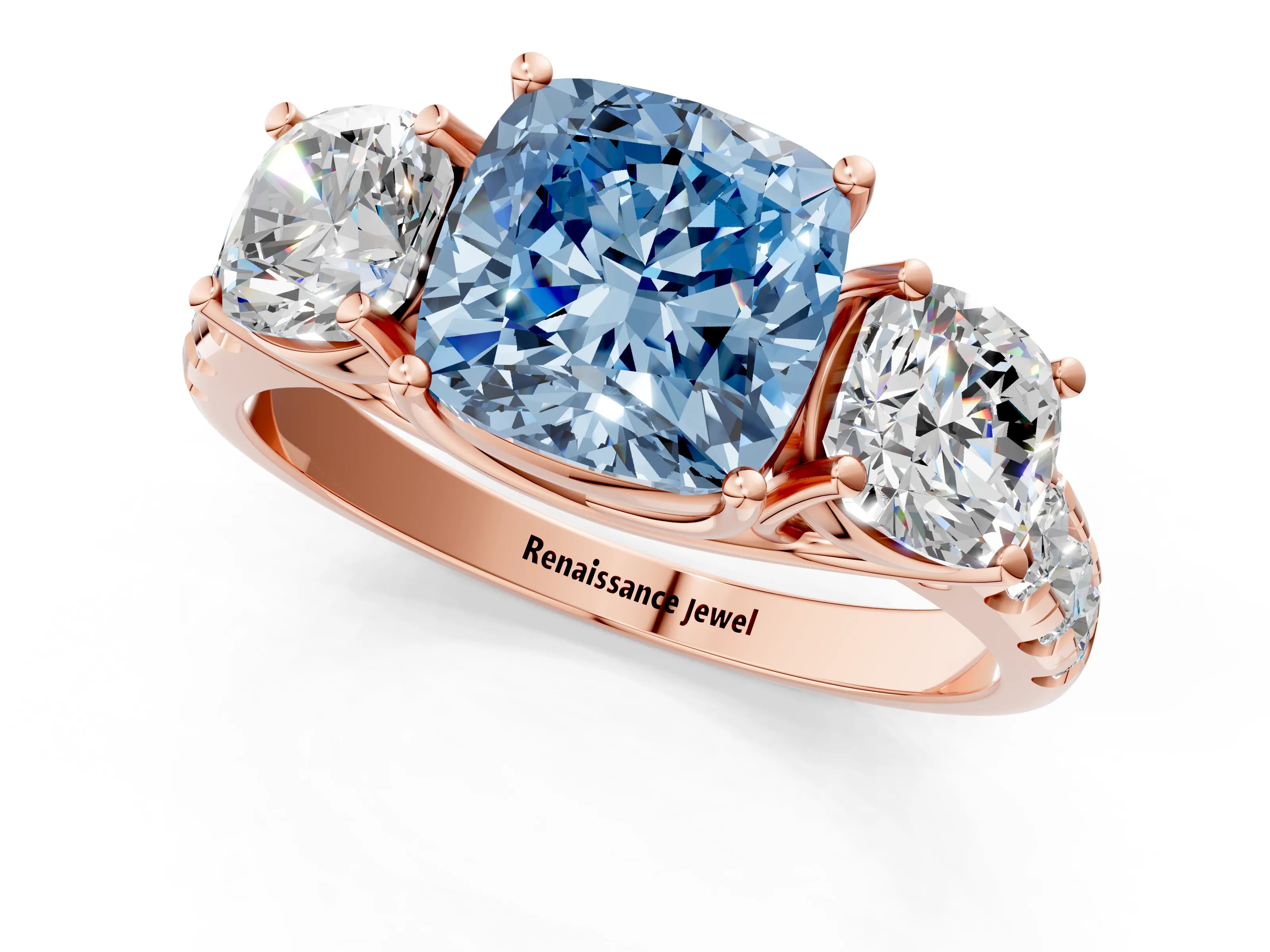 Rose gold Three-Stone Fancy Blue Cushion Cut Diamond Pavé Band with Prong Setting_1