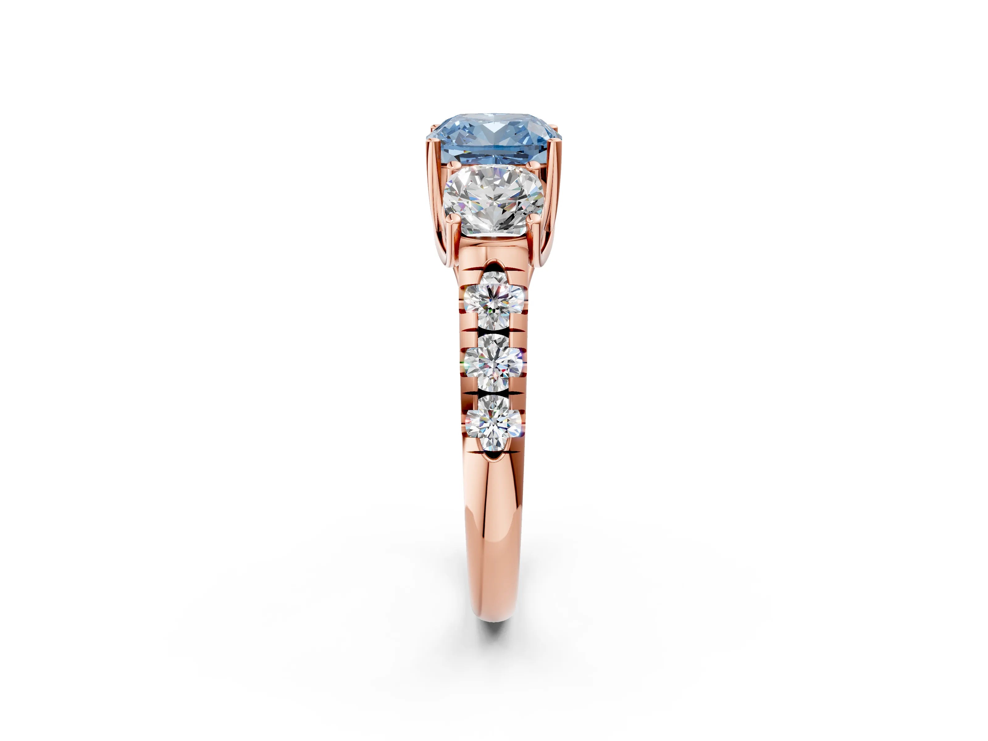 Rose gold Three-Stone Fancy Blue Cushion Cut Diamond Pavé Band with Prong Setting_2