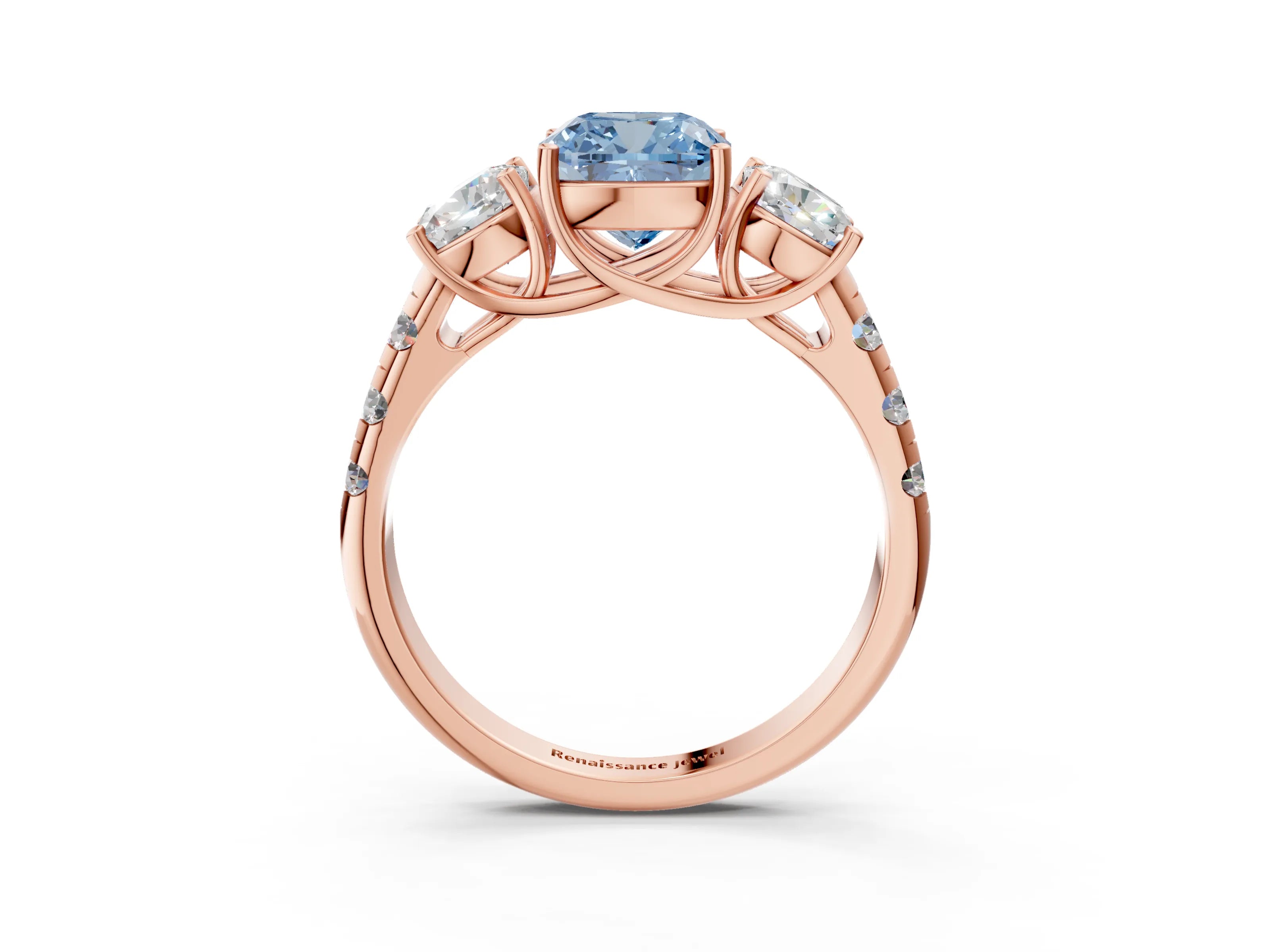 Rose gold Three-Stone Fancy Blue Cushion Cut Diamond Pavé Band with Prong Setting_3