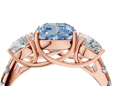 Rose gold Three-Stone Fancy Blue Cushion Cut Diamond Pavé Band with Prong Setting_4