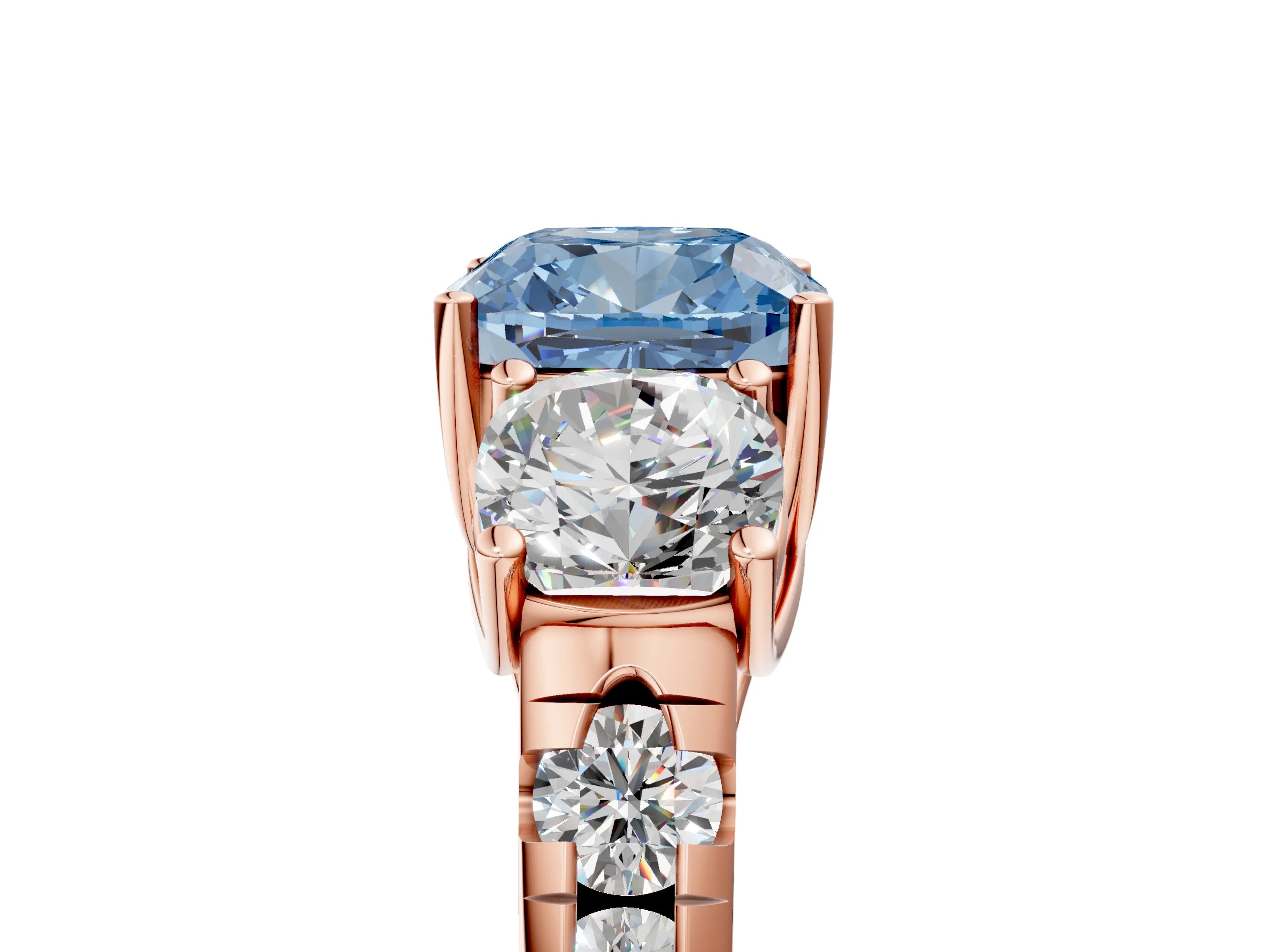 Rose gold Three-Stone Fancy Blue Cushion Cut Diamond Pavé Band with Prong Setting_5