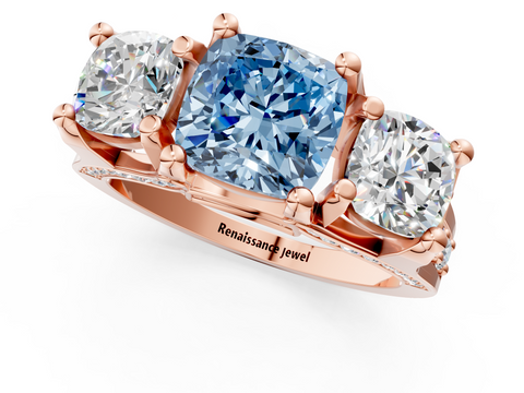 Rose gold Three-Stone Fancy Blue Cushion  Cut Diamond Ring with Channel-Set Band and Four-Prong Setting_41