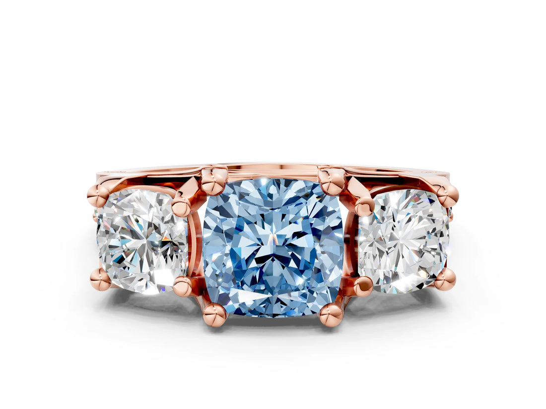 Rose gold Three-Stone Fancy Blue Cushion  Cut Diamond Ring with Channel-Set Band and Four-Prong Setting_56