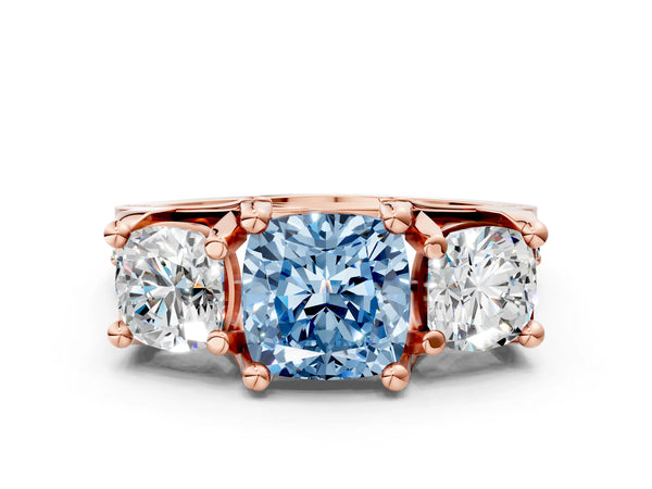 Rose gold Fancy Blue Cushion Cut Diamond Three-Stone Ring with Channel Set Band and Four-Prong Setting