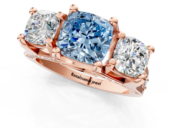Rose gold Fancy Blue Cushion Cut Diamond Three-Stone Ring with Channel Set Band and Four-Prong Setting