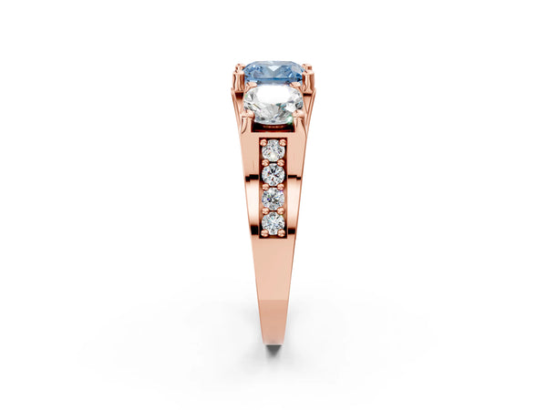 Rose gold Fancy Blue Cushion Cut Diamond Three-Stone Ring with Channel Set Band and Four-Prong Setting