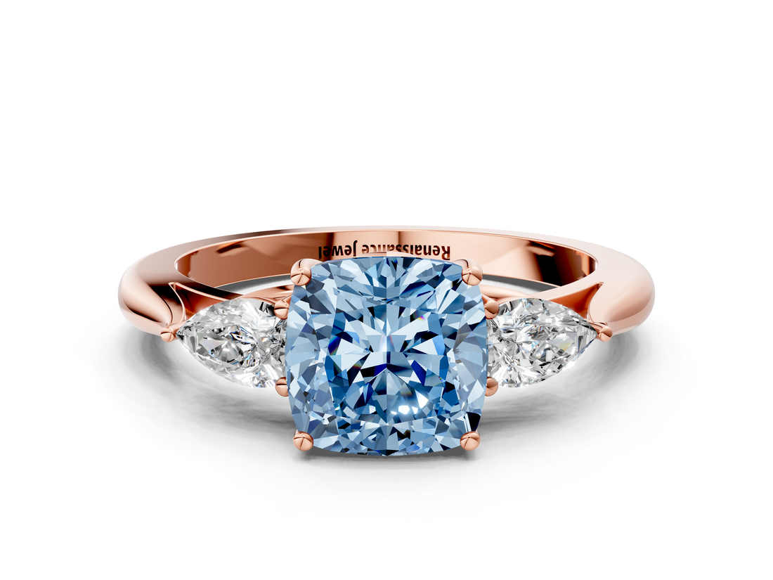 Rose gold Three-Stone Fancy Blue Cushion  Cut Diamond Ring with Pear Side Stones in Four-Prong Setting_109