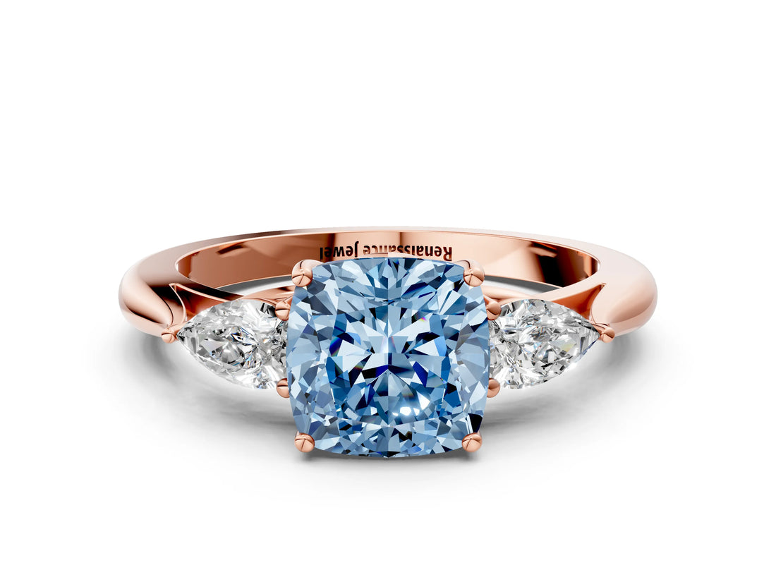 Rose gold Three-Stone Fancy Blue Cushion Cut Diamond Ring with Pear  Side Stones in Four-Prong Setting_54