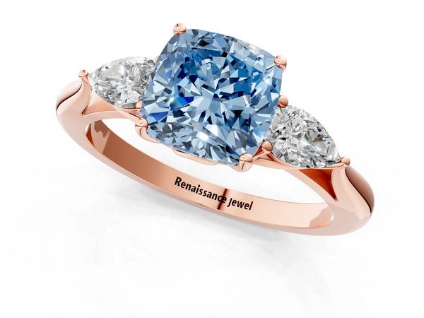 Rose Gold Cushion Cut Engagement Ring Setting for Fancy Blue Center with Pear Side Stones