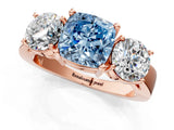 Rose gold Three-Stone Fancy Blue Cushion Cut Diamond Ring with Round Side Stones, Classic Band, and Four-Prong Setting_1