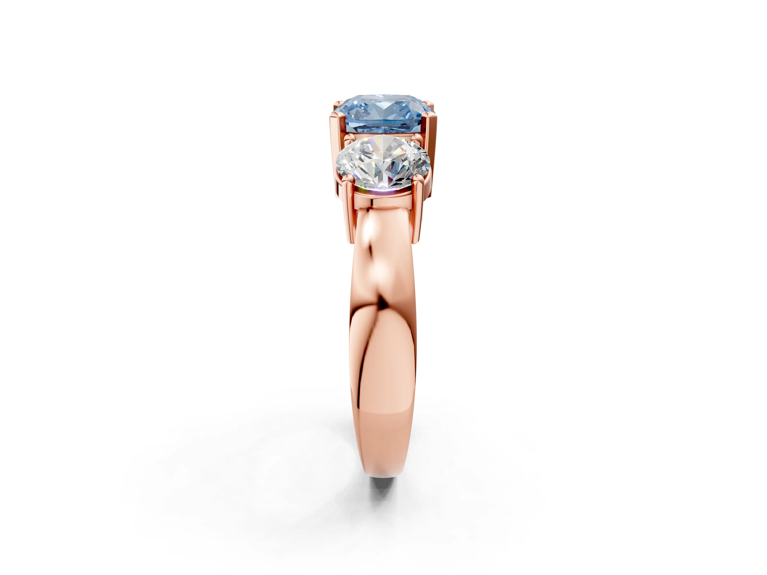 Rose gold Three-Stone Fancy Blue Cushion Cut Diamond Ring with Round Side Stones, Classic Band, and Four-Prong Setting_2