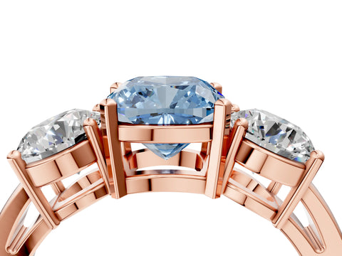 Rose gold Three-Stone Fancy Blue Cushion Cut Diamond Ring with Round Side Stones, Classic Band, and Four-Prong Setting_4