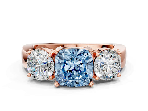 Rose gold Three-Stone Fancy Blue Cushion Cut Diamond Ring with Round Side Stones, Classic Band, and Four-Prong Setting