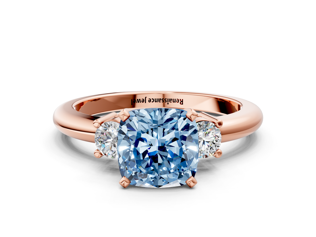 Rose gold Three-Stone Fancy Blue Cushion  Cut Diamond Solitaire with Prong Setting and Classic Band_47