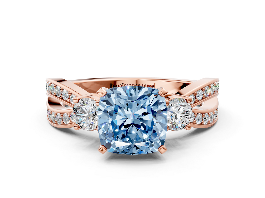 Rose gold Three-Stone Fancy Blue Cushion  Cut Diamond Twist Band with Prong Setting_63