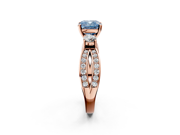 Rose gold Three-Stone Fancy Blue Cushion  Cut Diamond Twist Band with Prong Setting