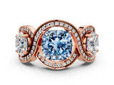 Rose gold Three-Stone Fancy Blue Cushion Cut Diamond Wave Pave Band with Prong Setting