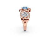 Rose gold Three-Stone Fancy Blue Cushion Cut Diamond Wave Pave Band with Prong Setting_2