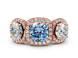 Rose gold Three-Stone Fancy Blue Cushion Cut Halo Diamond Milgrain Band with Four-Prong Setting