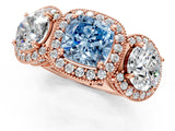 Rose gold Three-Stone Fancy Blue Cushion Cut Halo Diamond Milgrain Band with Four-Prong Setting_1