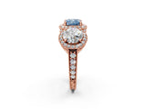 Rose gold Three-Stone Fancy Blue Cushion Cut Halo Diamond Milgrain Band with Four-Prong Setting_2