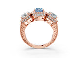 Rose gold Three-Stone Fancy Blue Cushion Cut Halo Diamond Milgrain Band with Four-Prong Setting_3