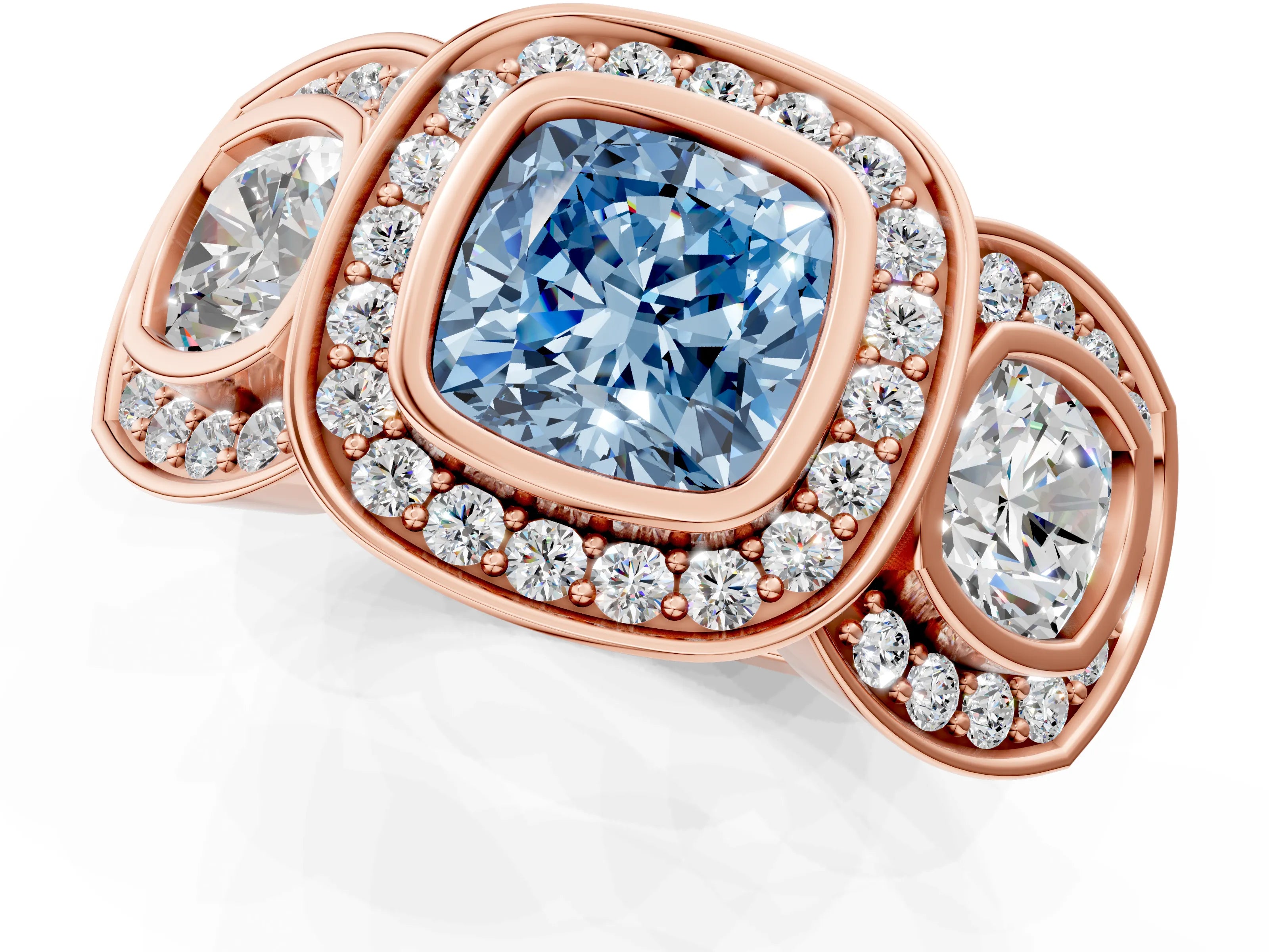 Rose gold Three-Stone Fancy Blue Cushion Cut Halo Pavé Diamond Ring_1