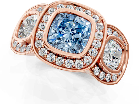 Rose gold Three-Stone Fancy Blue Cushion Cut Halo Pavé Diamond Ring_1
