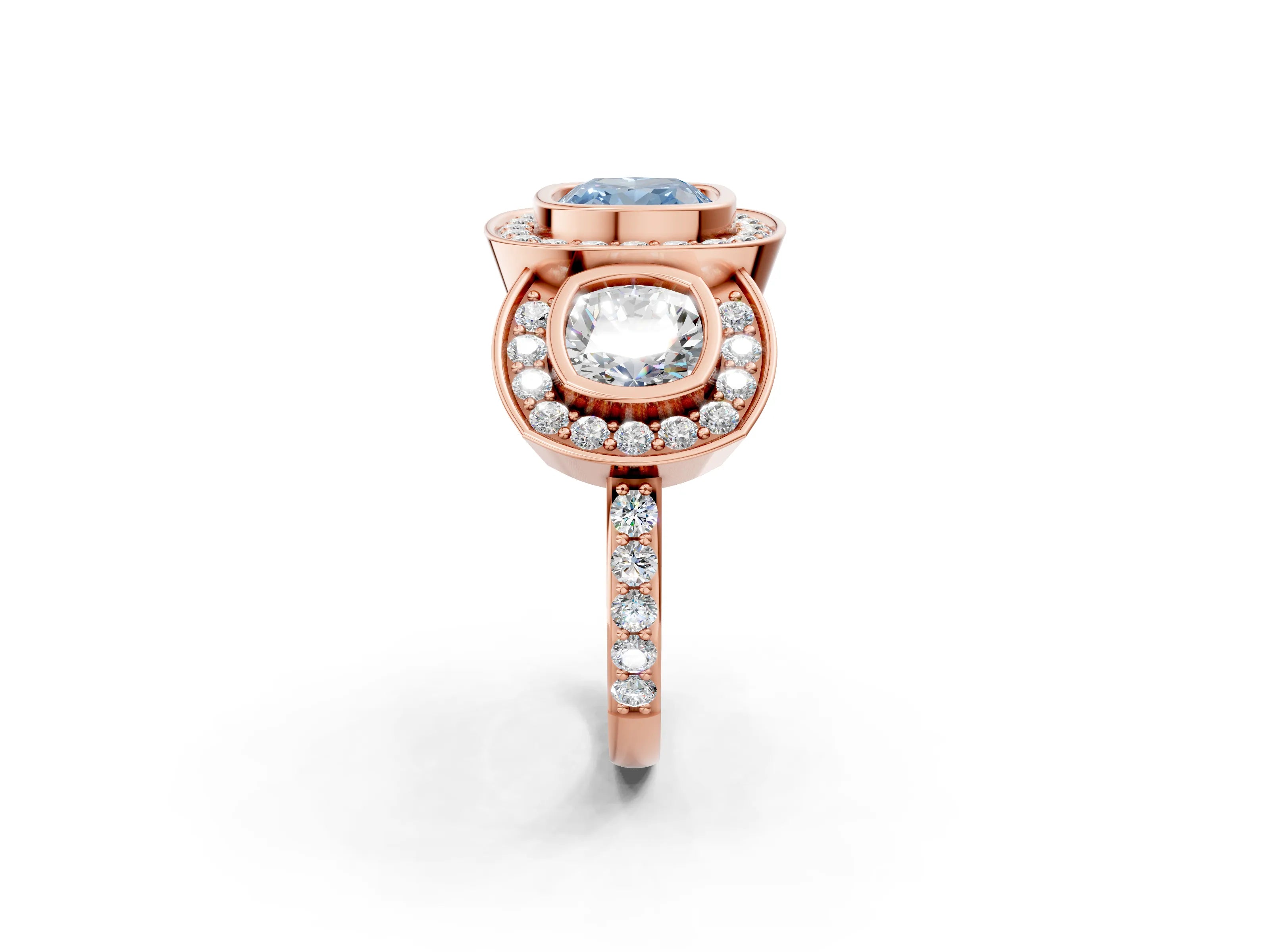 Rose gold Three-Stone Fancy Blue Cushion Cut Halo Pavé Diamond Ring_2