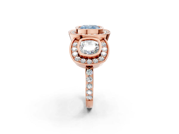 Rose Gold Cushion Cut Bezel Three Stone Halo Engagement Ring Setting for Fancy Blue Center