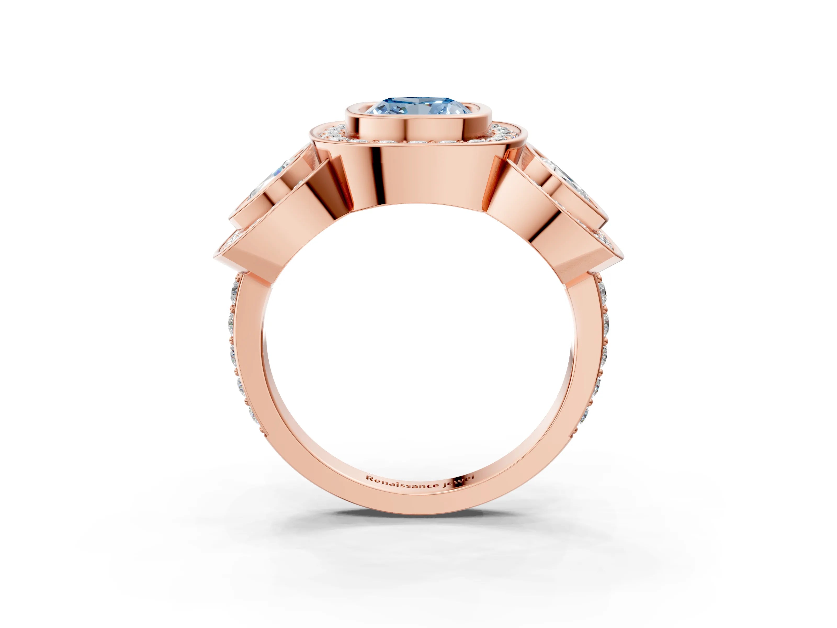 Rose gold Three-Stone Fancy Blue Cushion Cut Halo Pavé Diamond Ring_3
