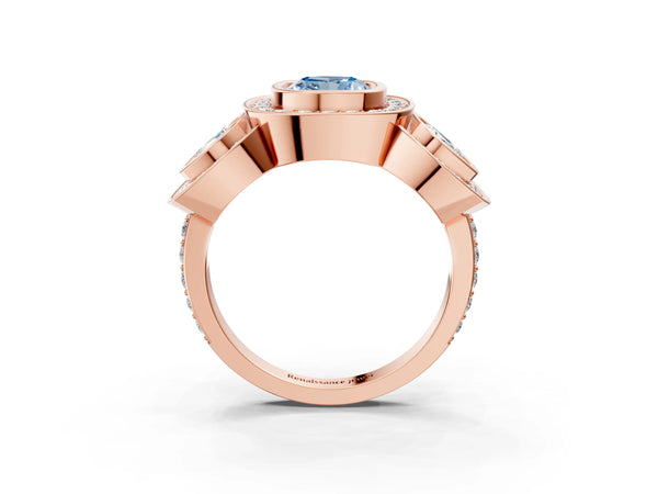 Rose Gold Cushion Cut Bezel Three Stone Halo Engagement Ring Setting for Fancy Blue Center