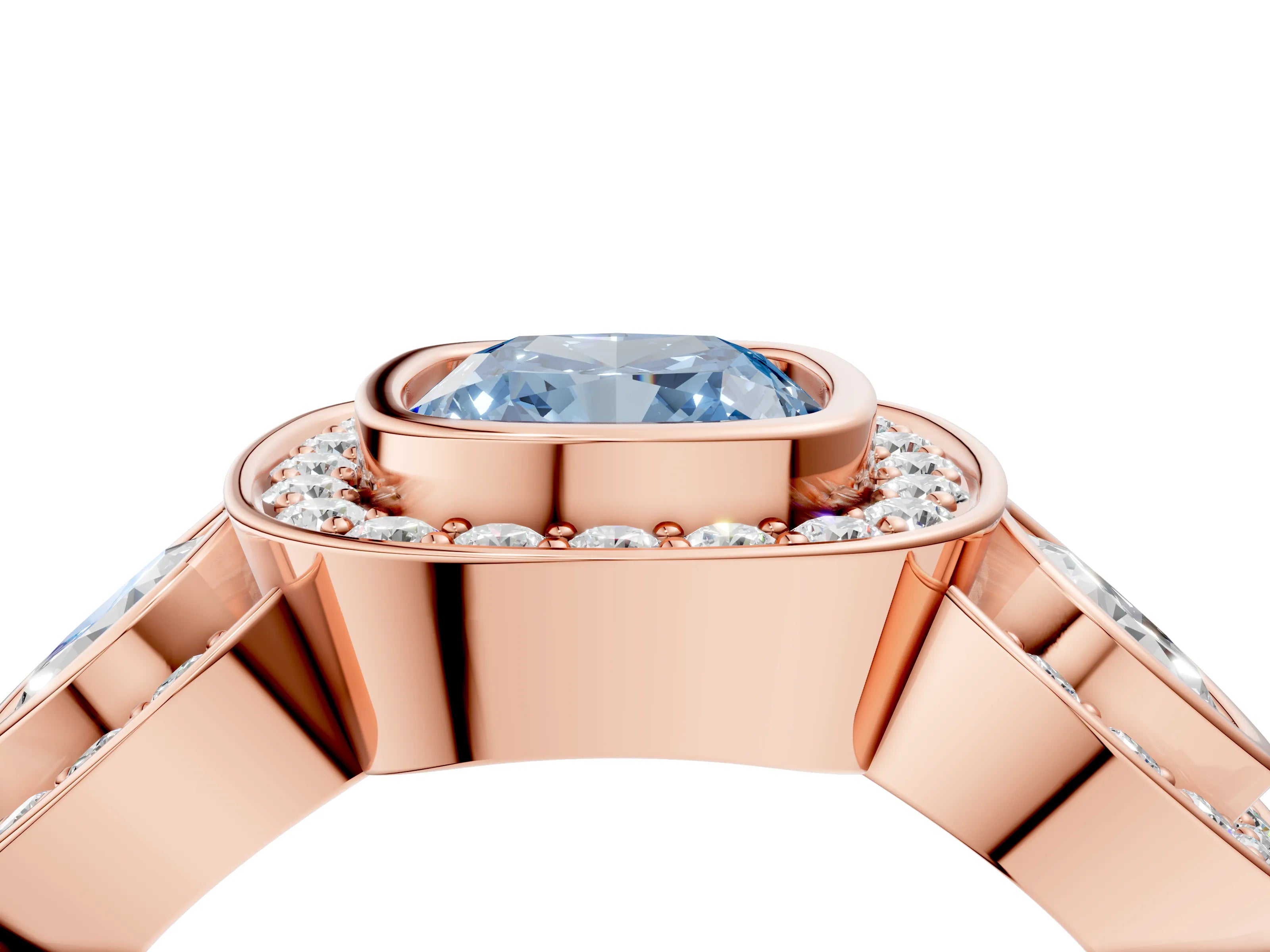 Rose gold Three-Stone Fancy Blue Cushion Cut Halo Pavé Diamond Ring_4