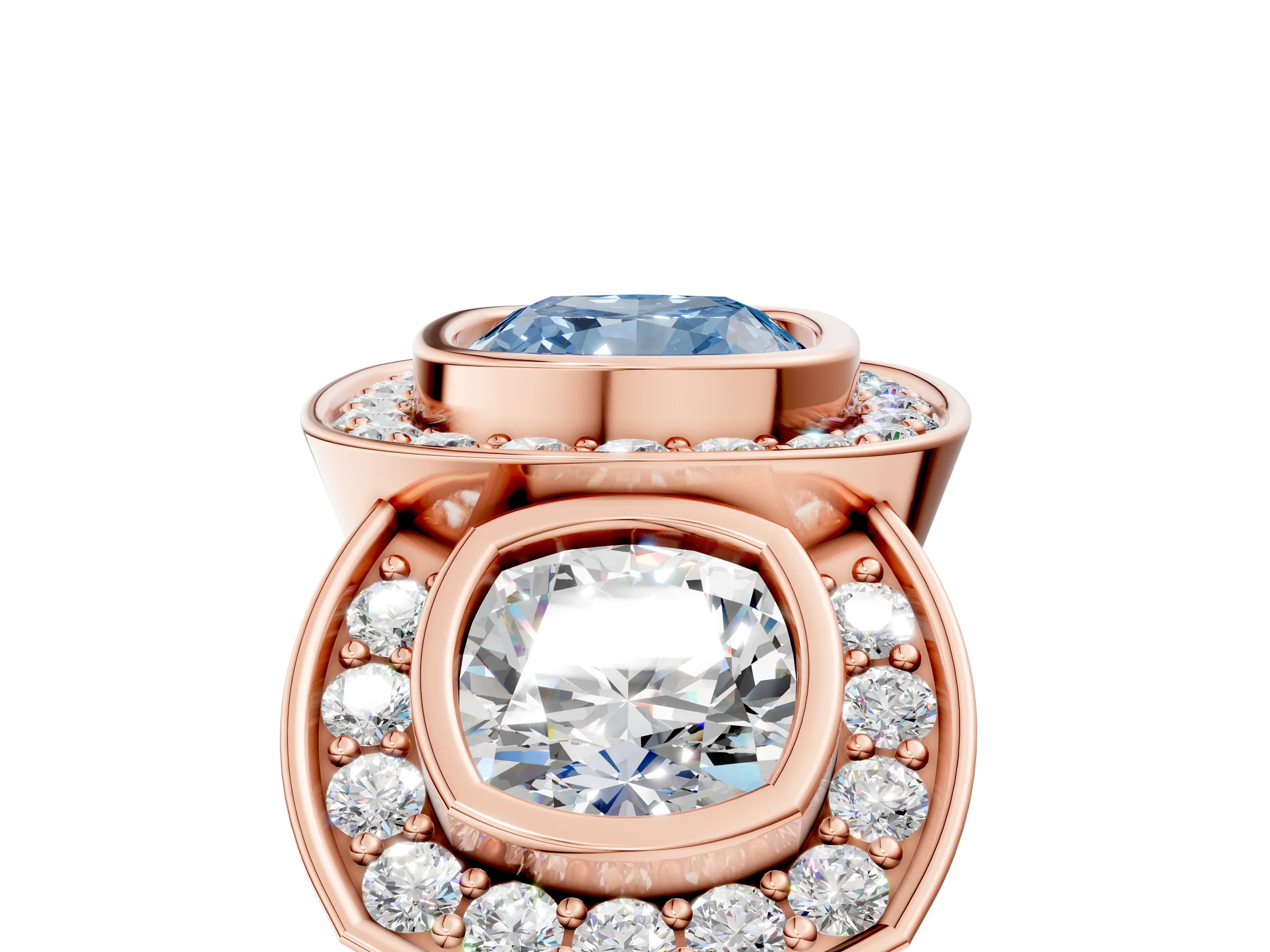 Rose gold Three-Stone Fancy Blue Cushion Cut Halo Pavé Diamond Ring_5