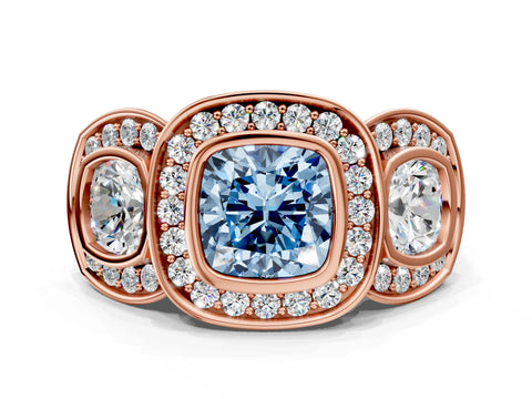 Rose gold Three-Stone Fancy Blue Cushion Cut Halo Pavé Diamond Ring