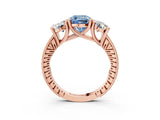Rose gold Three-Stone Fancy Blue Cushion  Diamond Milgrain Pave Band with Prong Setting 3