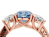 Rose gold Three-Stone Fancy Blue Cushion  Diamond Milgrain Pave Band with Prong Setting 4