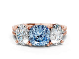 Rose gold Three-Stone Fancy Blue Cushion  Diamond Milgrain Pave Band with Prong Setting