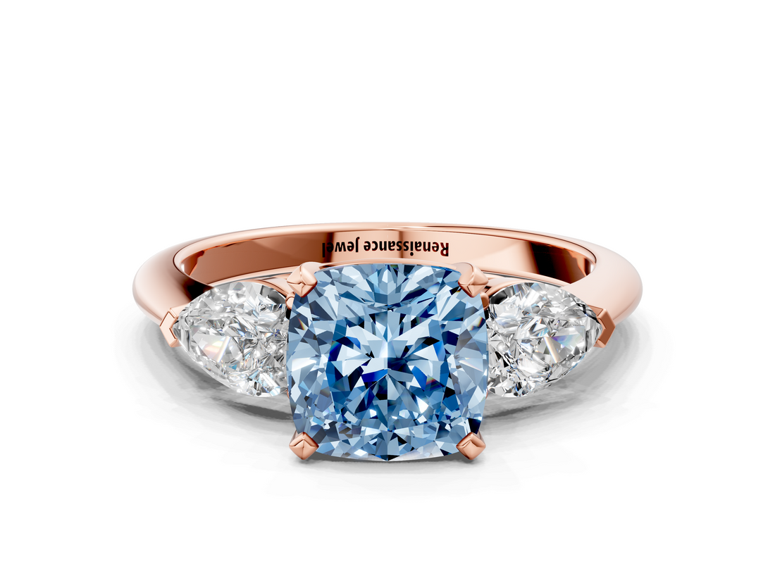 Rose gold Three-Stone Fancy Blue Cushion  Diamond Ring with Pear Side Stones in Four-Prong Setting_62