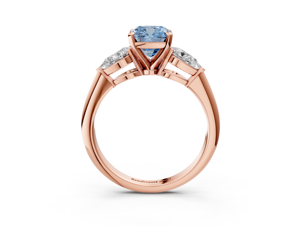 Rose gold Three-Stone Fancy Blue Cushion Cut Diamond Ring with Pear Side Stones and Four-Prong Setting
