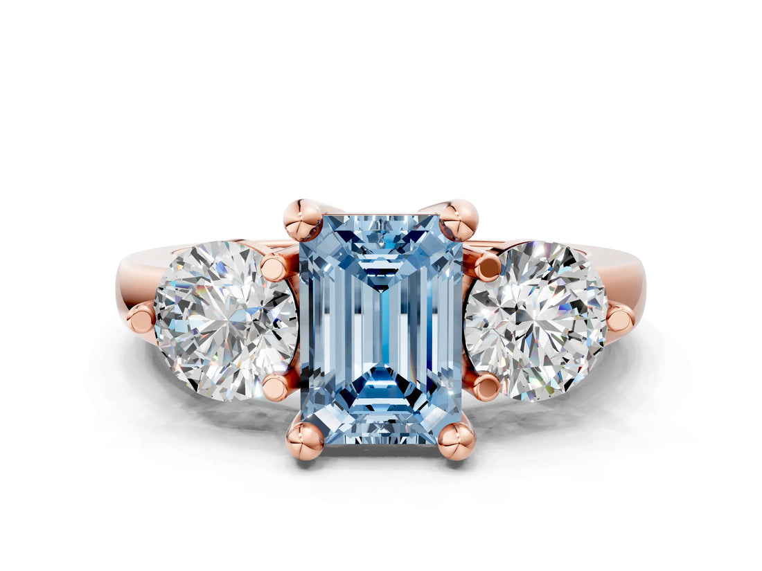 Rose gold Three-Stone Fancy Blue Emerald  Brilliant Cut Solitaire Ring with Prong Setting on a Classic Band 1