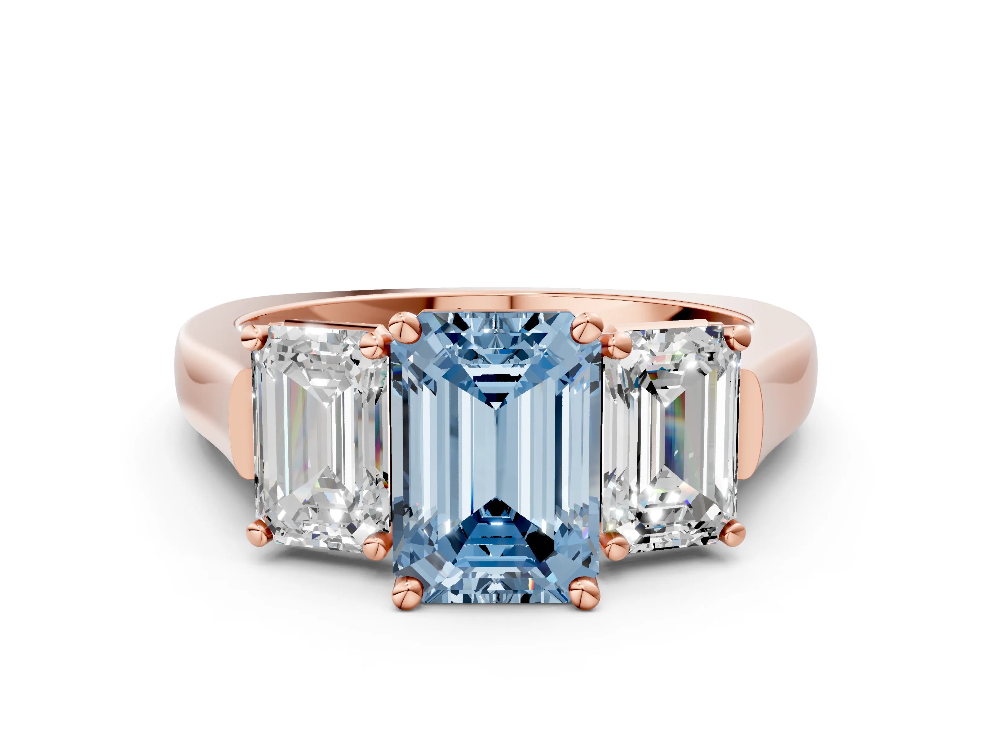 Rose gold Three-Stone Fancy Blue Emerald Cut Brilliant Diamond Trellis Ring with Comfort Fit Band