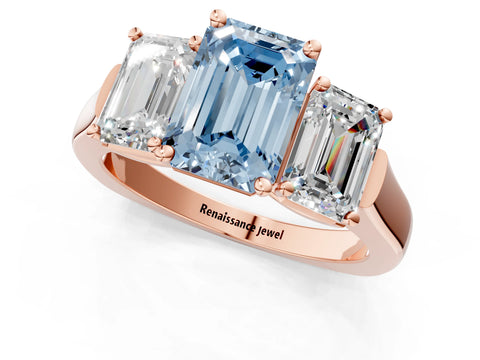 Rose gold Three-Stone Fancy Blue Emerald Cut Brilliant Diamond Trellis Ring with Comfort Fit Band_1